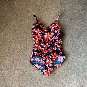 Merona Orange Floral Print Blue One Piece Swimsuit Size S
